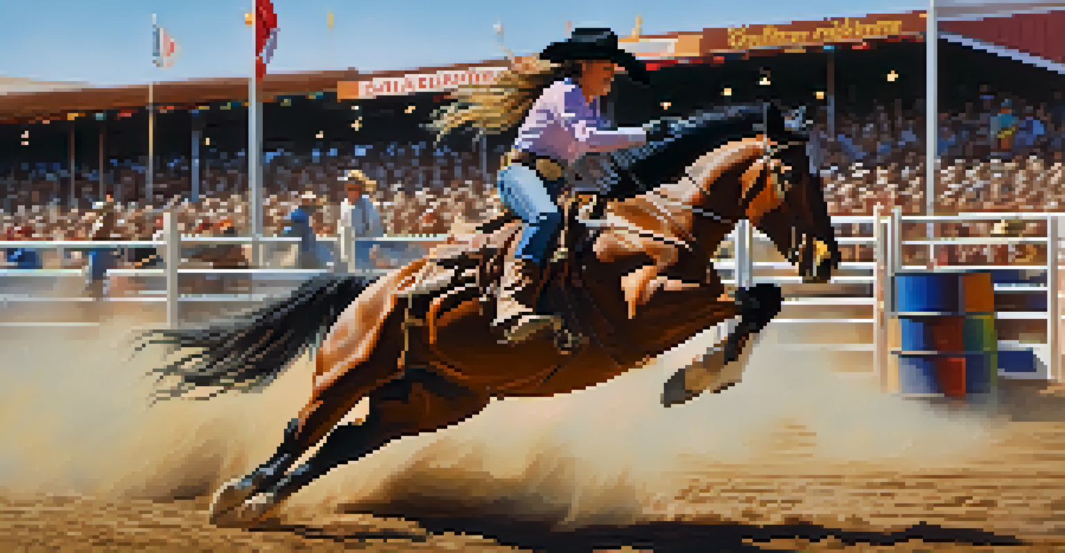 A cowgirl racing her horse around barrels during a rodeo, with an enthusiastic crowd and colorful stalls in the background.