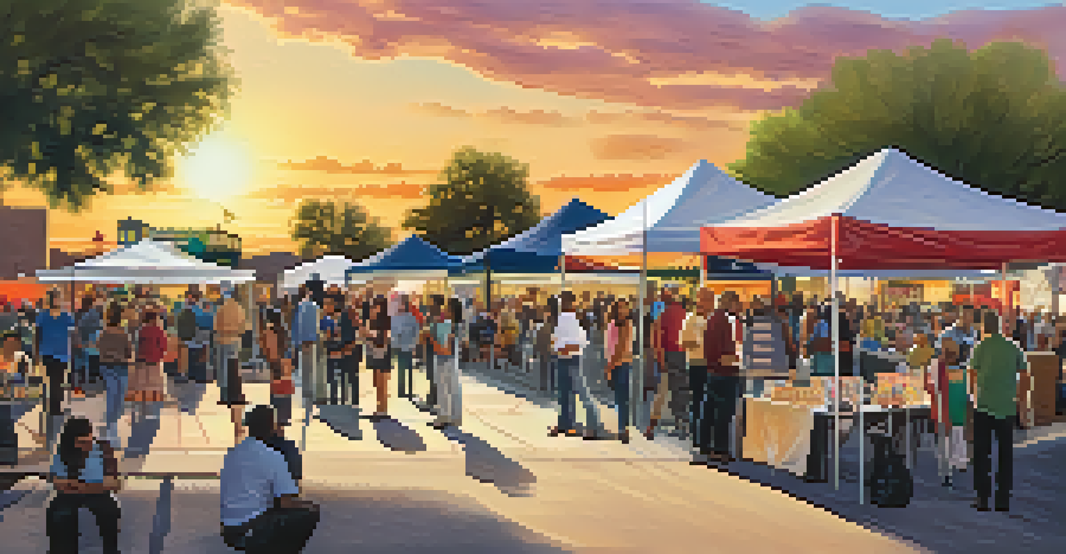 A community gathering in Tucson's historic plaza with residents discussing preservation efforts amidst colorful banners.