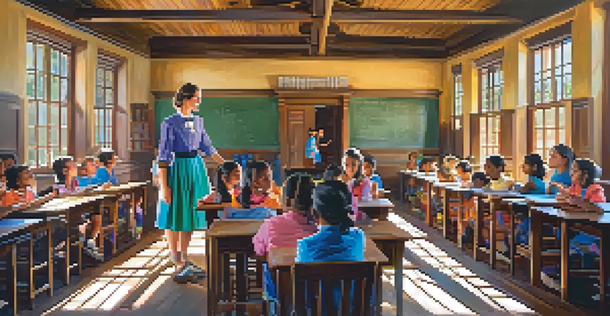 A historical scene depicting Julia Keen in a Tucson classroom with children, showcasing an atmosphere of learning and warmth.