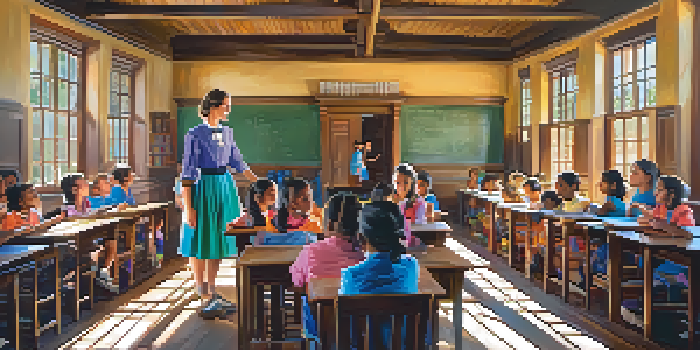 A historical scene depicting Julia Keen in a Tucson classroom with children, showcasing an atmosphere of learning and warmth.