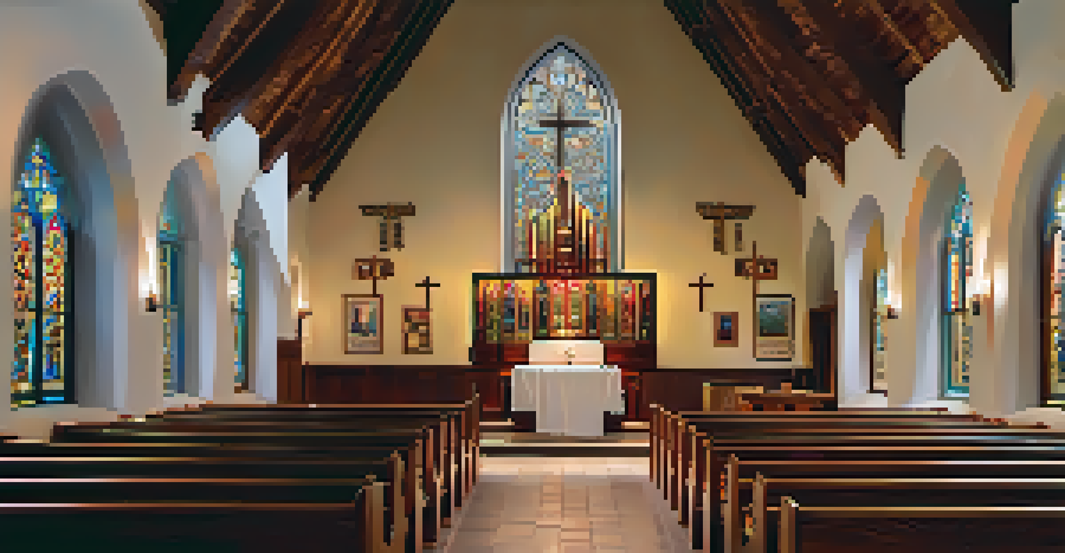 The serene interior of a historical Tucson church, featuring candle-lit altars and vibrant stained glass windows that create a peaceful ambiance.