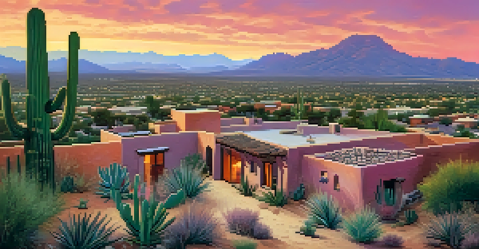 A sunset view over Tucson, Arizona, with adobe homes and desert plants under a colorful sky.
