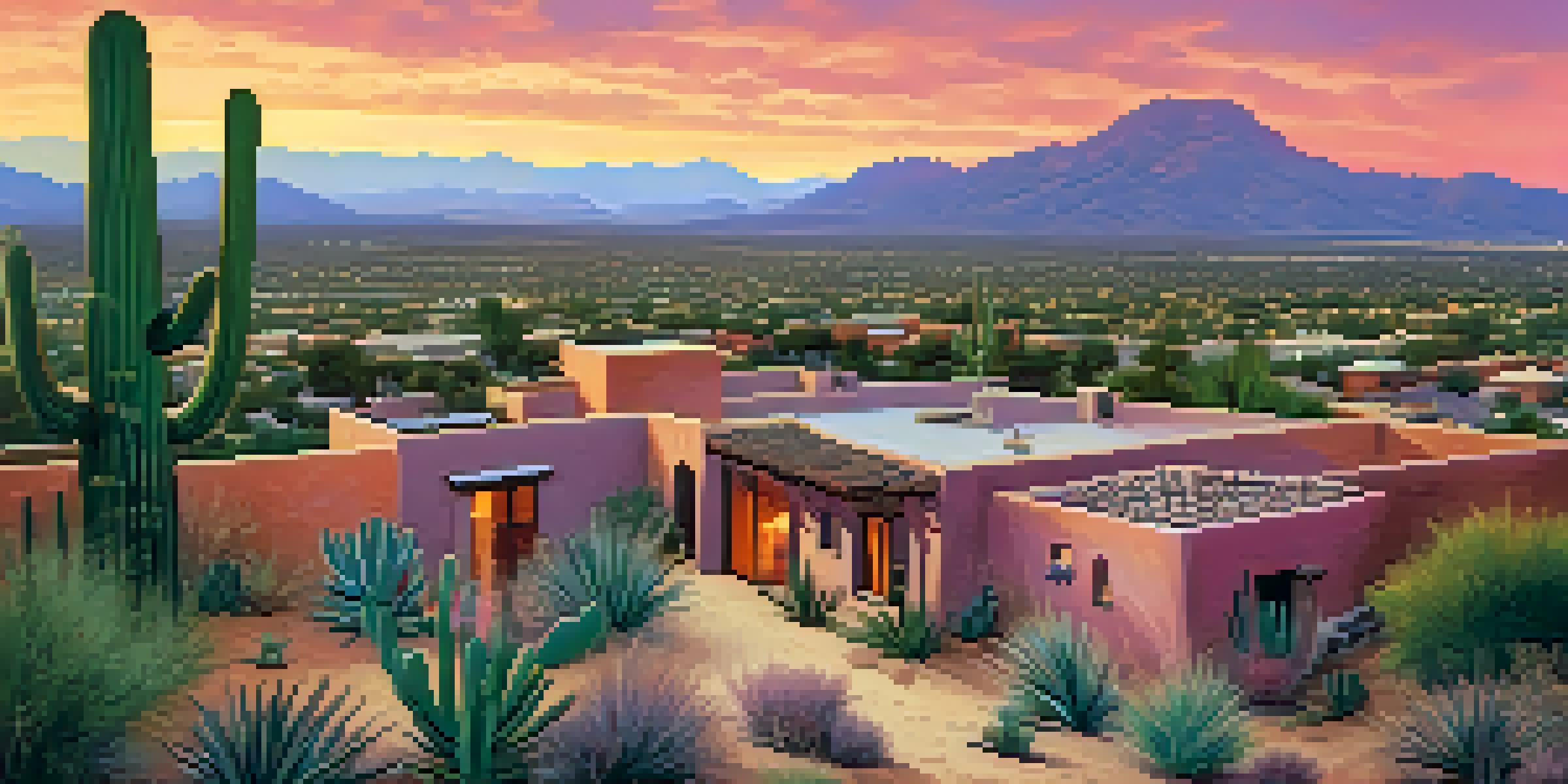 A sunset view over Tucson, Arizona, with adobe homes and desert plants under a colorful sky.