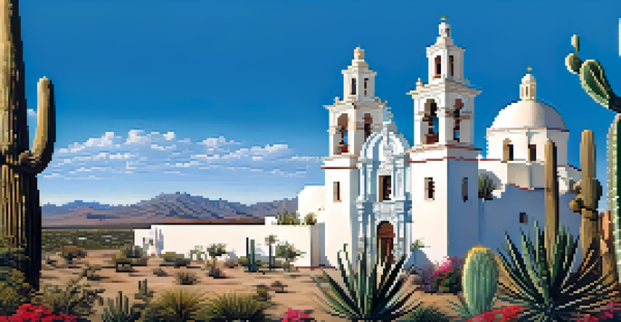 An exterior view of San Xavier del Bac with its white Baroque architecture, surrounded by desert vegetation and colorful wildflowers.