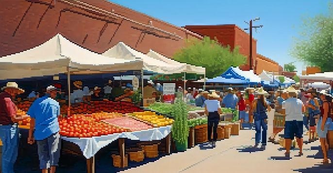 A bustling farmers market in Tucson featuring fresh vegetables, herbs, and handmade tortillas with local vendors and patrons interacting under a sunny sky.