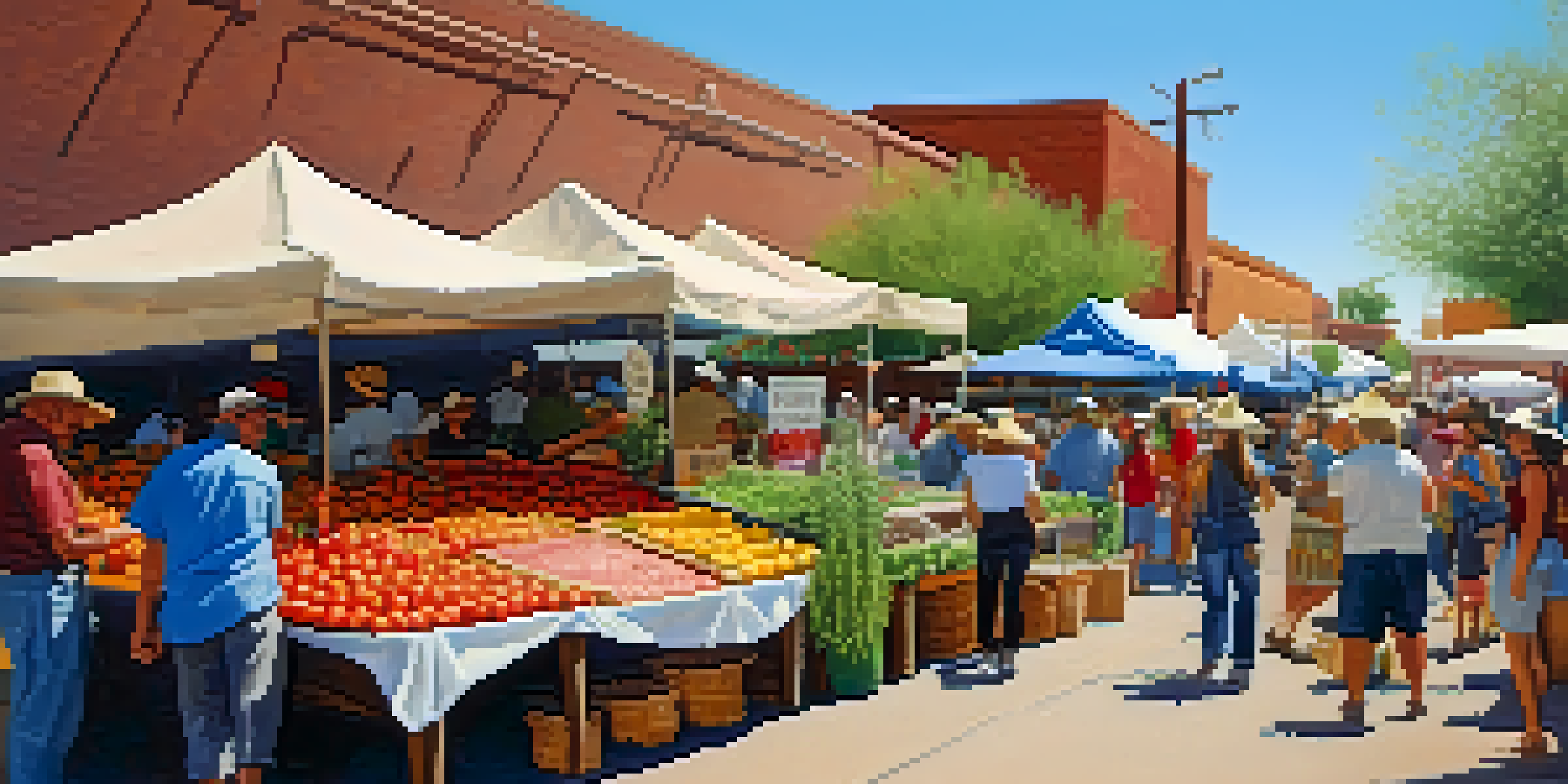 A bustling farmers market in Tucson featuring fresh vegetables, herbs, and handmade tortillas with local vendors and patrons interacting under a sunny sky.