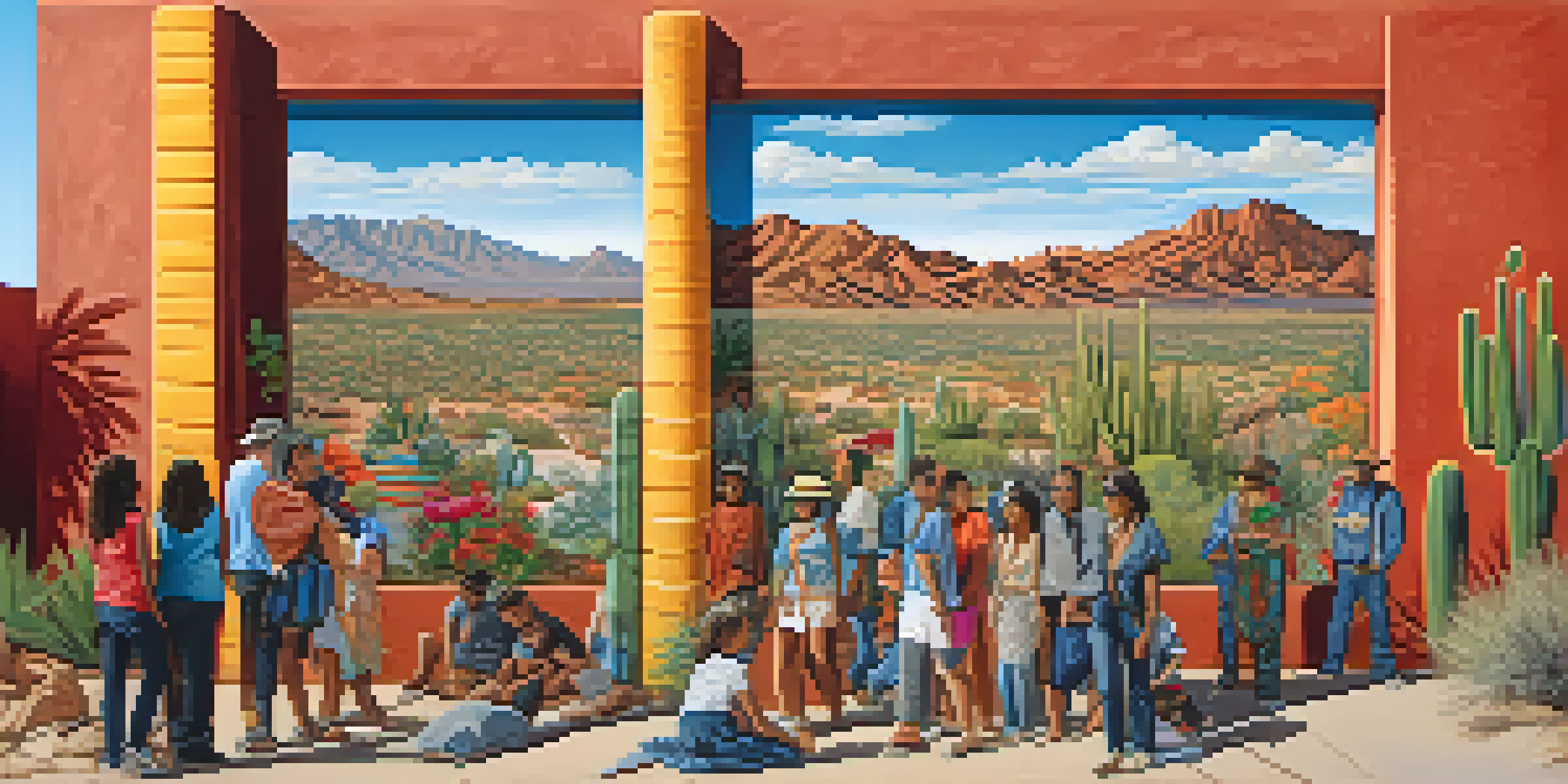 A colorful mural representing Tucson's cultural heritage with people admiring it against a desert backdrop.