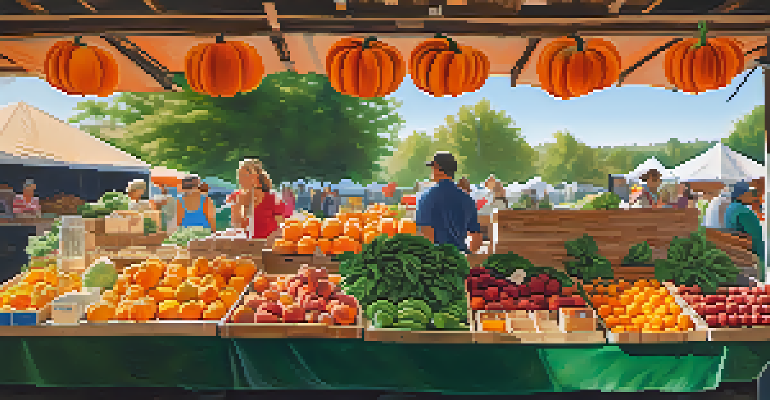 A close-up of a farmers' market stall displaying seasonal fruits and vegetables, with colorful produce and a vendor interacting with a customer in a sunny environment.