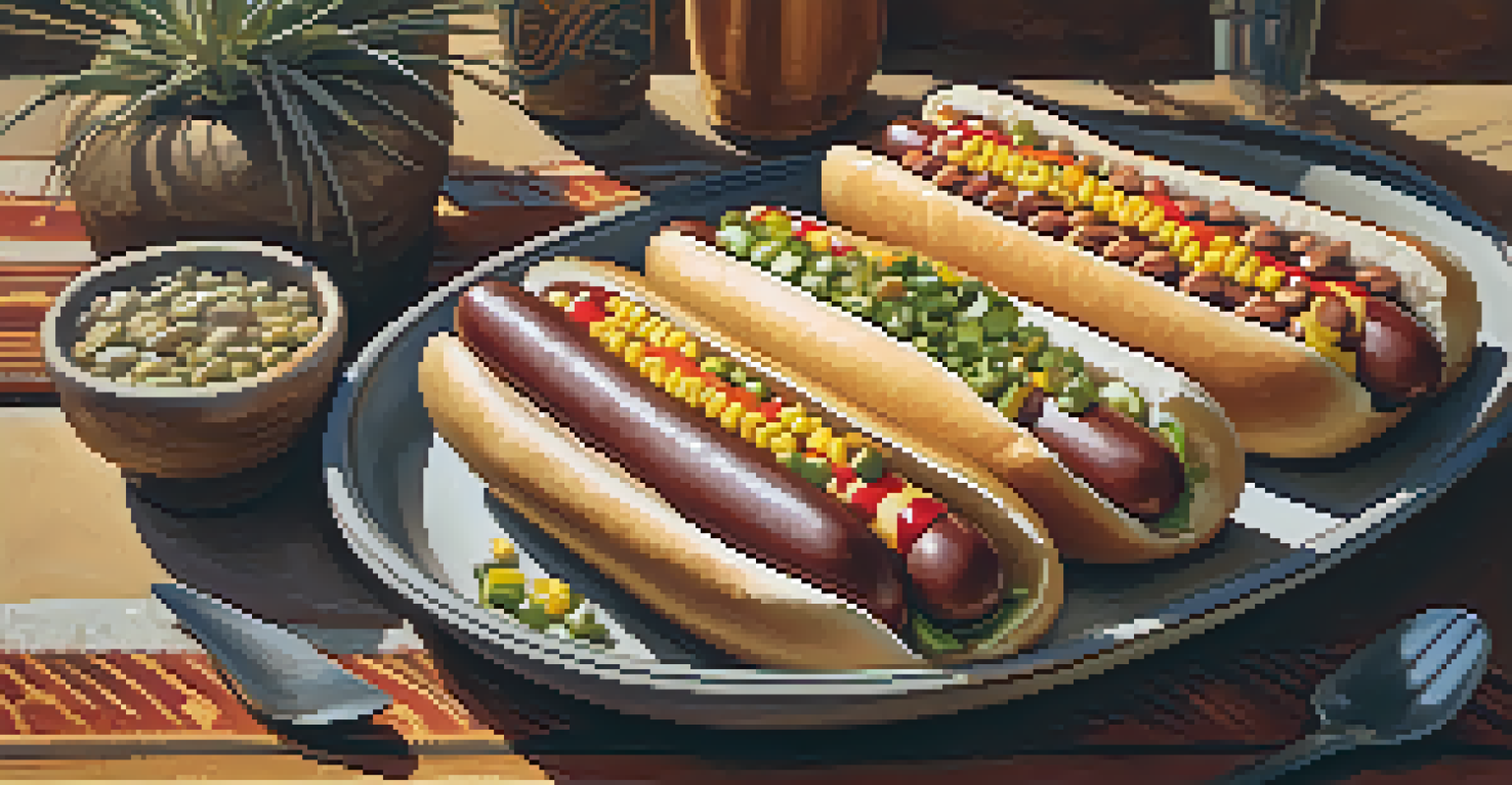 A close-up of a modern Sonoran hot dog garnished with Native American ingredients, served in an outdoor dining setting.
