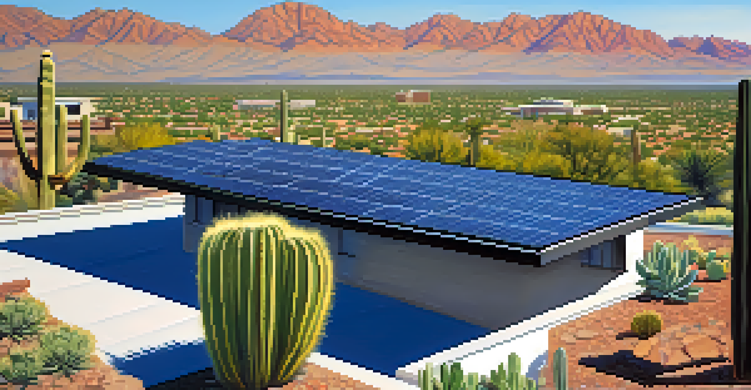 A residential rooftop in Tucson with solar panels, surrounded by a garden and desert mountains under a bright blue sky.