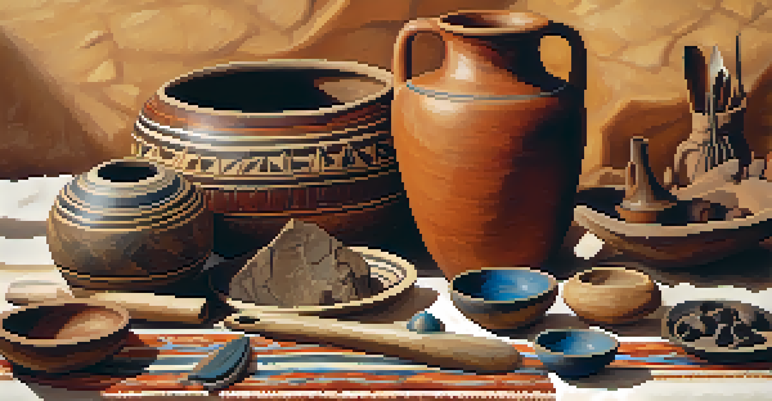 Close-up of ancient artifacts from Tucson, including pottery shards and tools on textured cloth, highlighting intricate designs.
