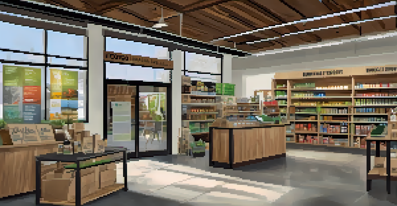 An interior view of a Tucson business promoting products made from recycled materials, with eco-friendly signage and customers engaging with staff.