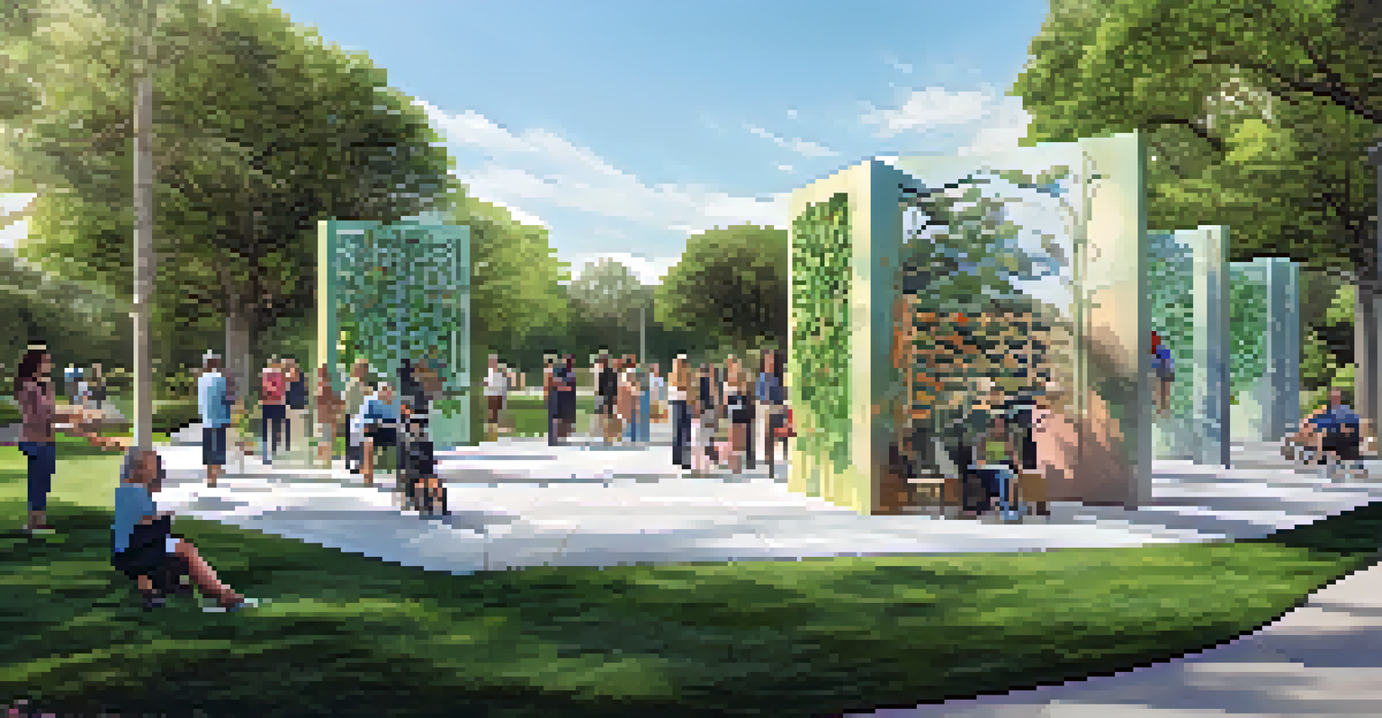A public art installation designed for accessibility, with people of various abilities engaging with tactile sculptures in a park.