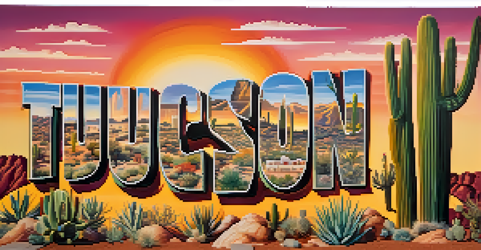 The 'Greetings from Tucson' mural, featuring bold letters and illustrations of local landmarks, illuminated by a sunset.