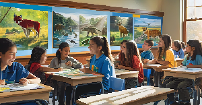 A lively classroom with students collaborating on wildlife conservation projects, surrounded by colorful wildlife posters and bright sunlight.