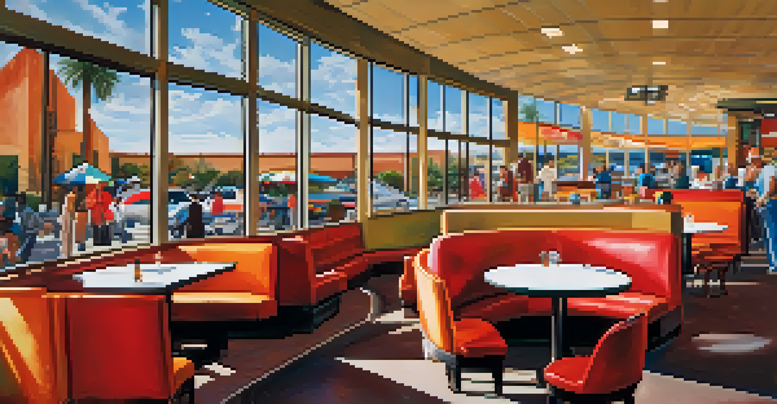 Travelers dining in Tucson International Airport, with various food options and local artwork on display.