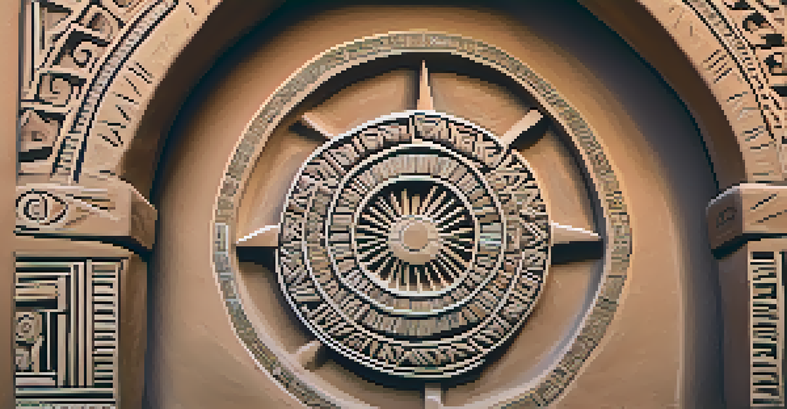 Close-up of carved Native American motifs on an adobe wall, emphasizing the textures and patterns.