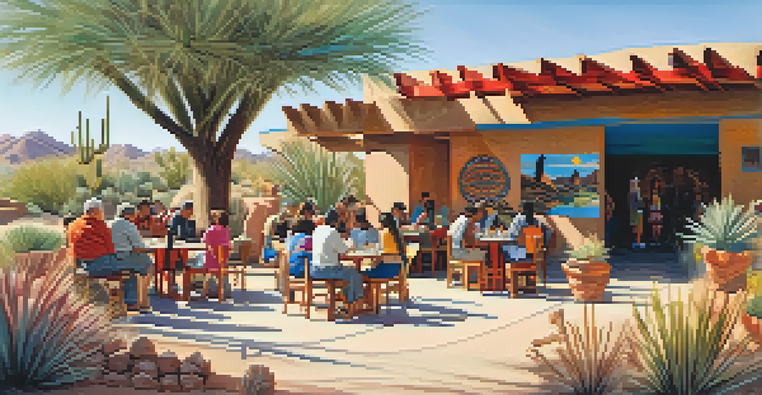 A community gathering under a ramada in Tucson, Arizona, surrounded by native plants, with people engaging in activities.