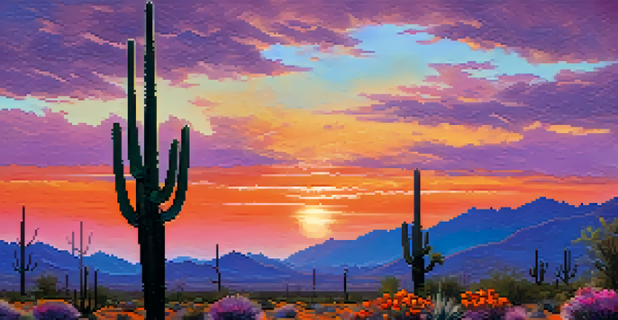 A scenic sunset view of Saguaro National Park with tall cacti and a colorful sky.