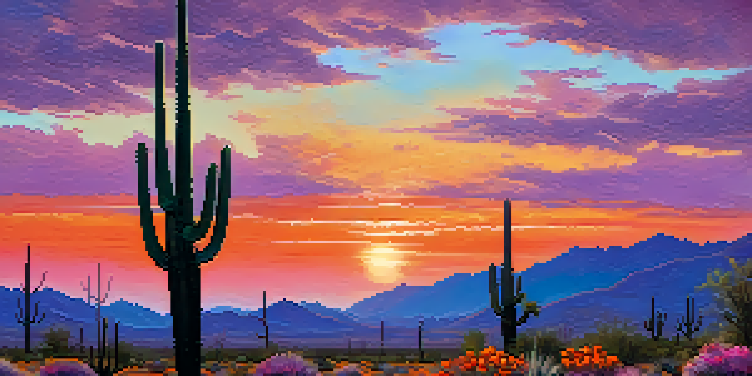 A scenic sunset view of Saguaro National Park with tall cacti and a colorful sky.