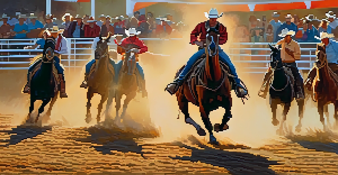 A cowboy riding a bucking bull at the Tucson Rodeo, surrounded by a lively crowd and a sunset sky.
