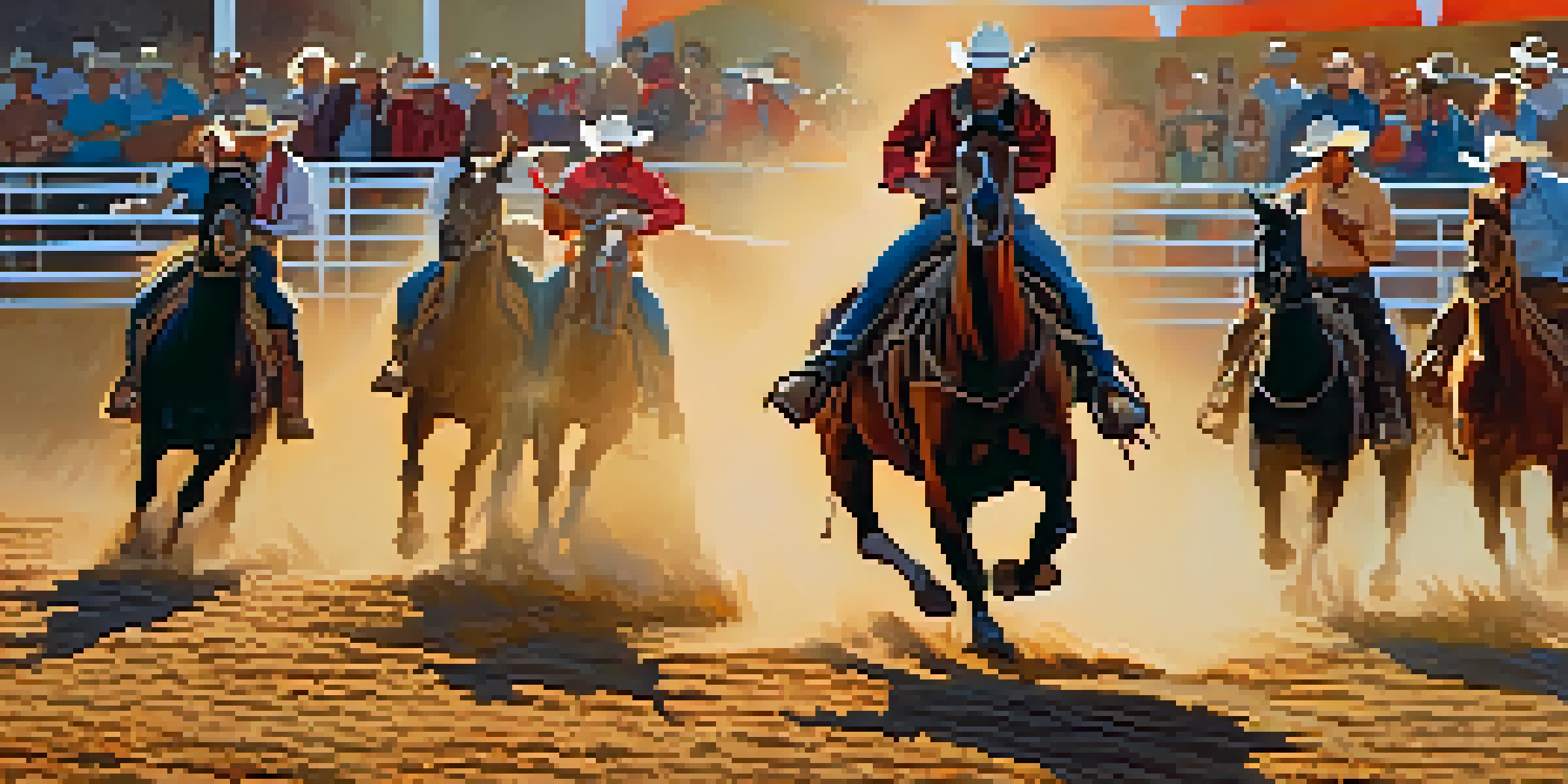 A cowboy riding a bucking bull at the Tucson Rodeo, surrounded by a lively crowd and a sunset sky.