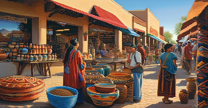 A bustling market in Tucson, highlighting Native American artisans with colorful crafts and a desert sunset in the background.