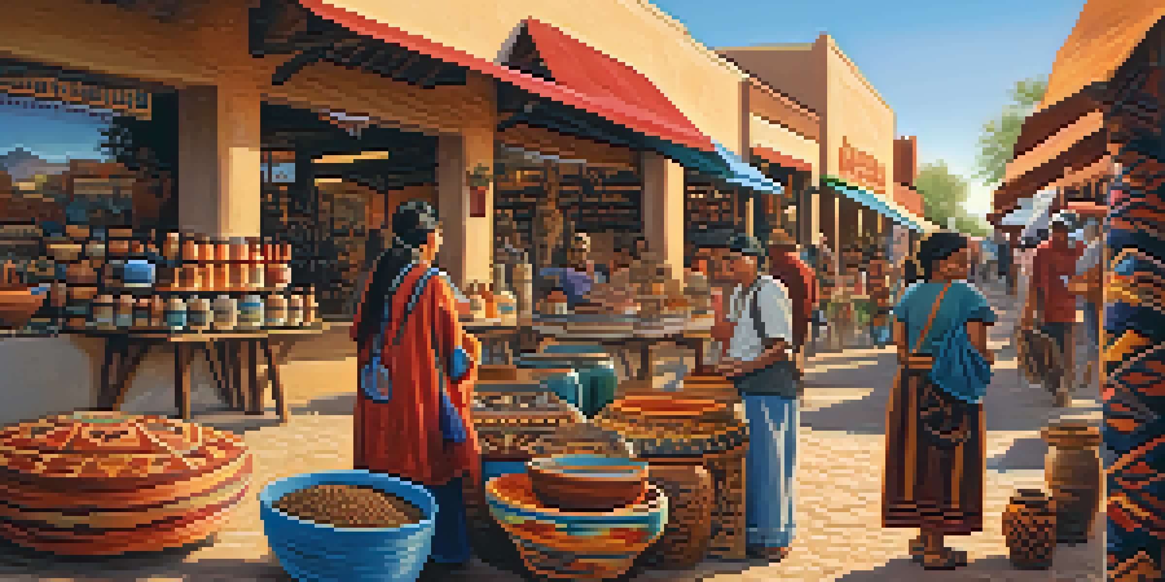 A bustling market in Tucson, highlighting Native American artisans with colorful crafts and a desert sunset in the background.