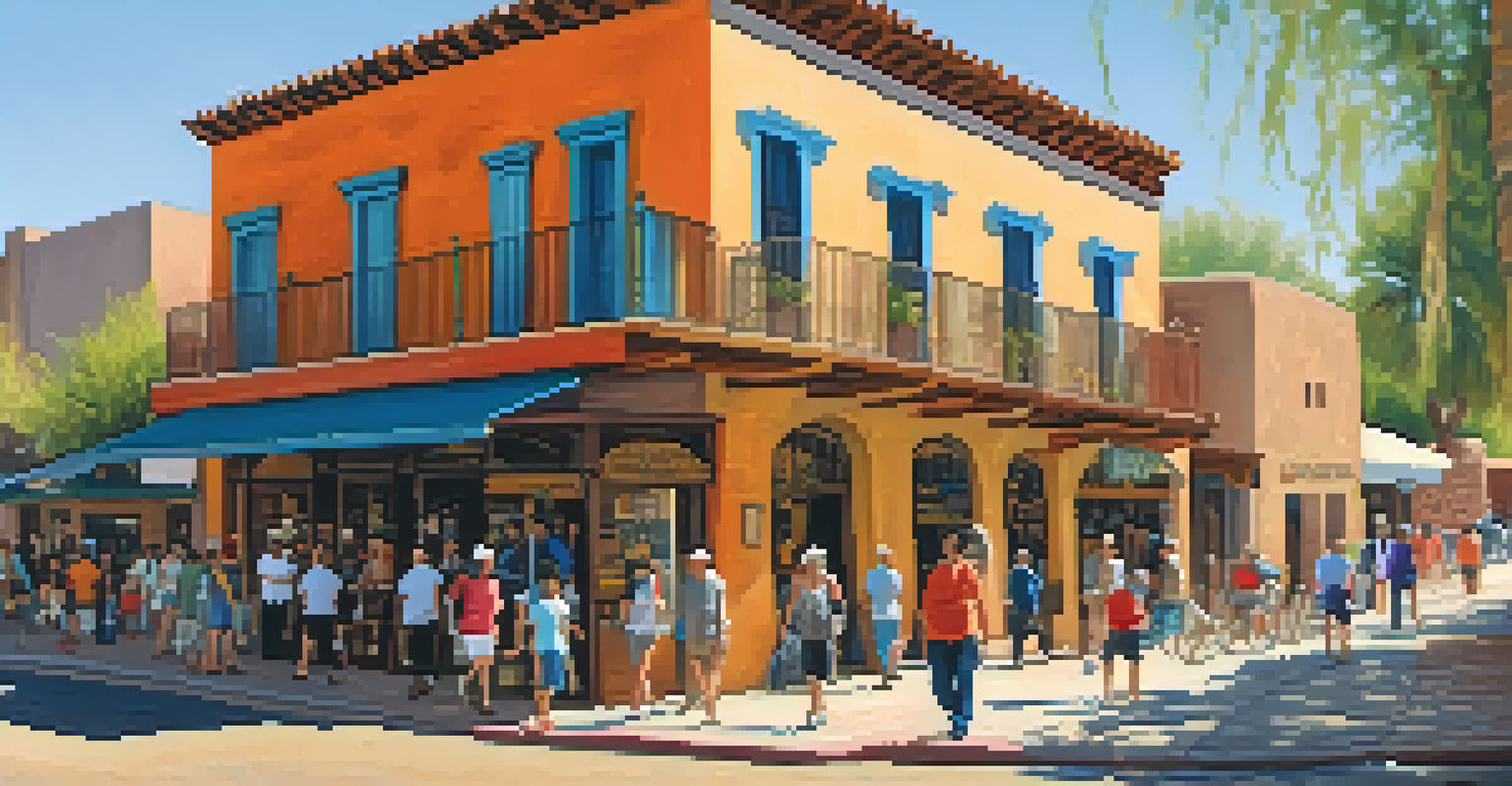 A bustling street in the El Presidio District of Tucson with historic adobe buildings and people walking.