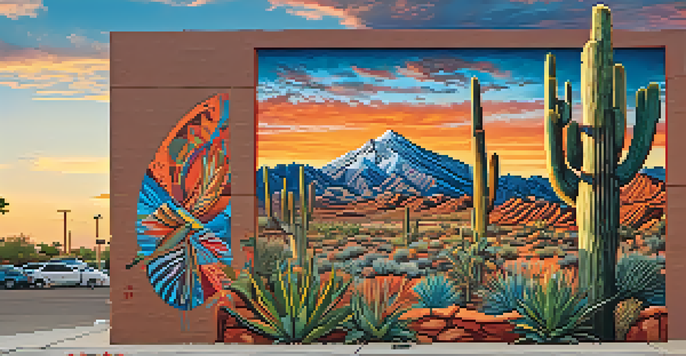 A colorful mural in Tucson that combines Native American and Hispanic art styles, depicting wildlife and set against a sunset, with people observing.