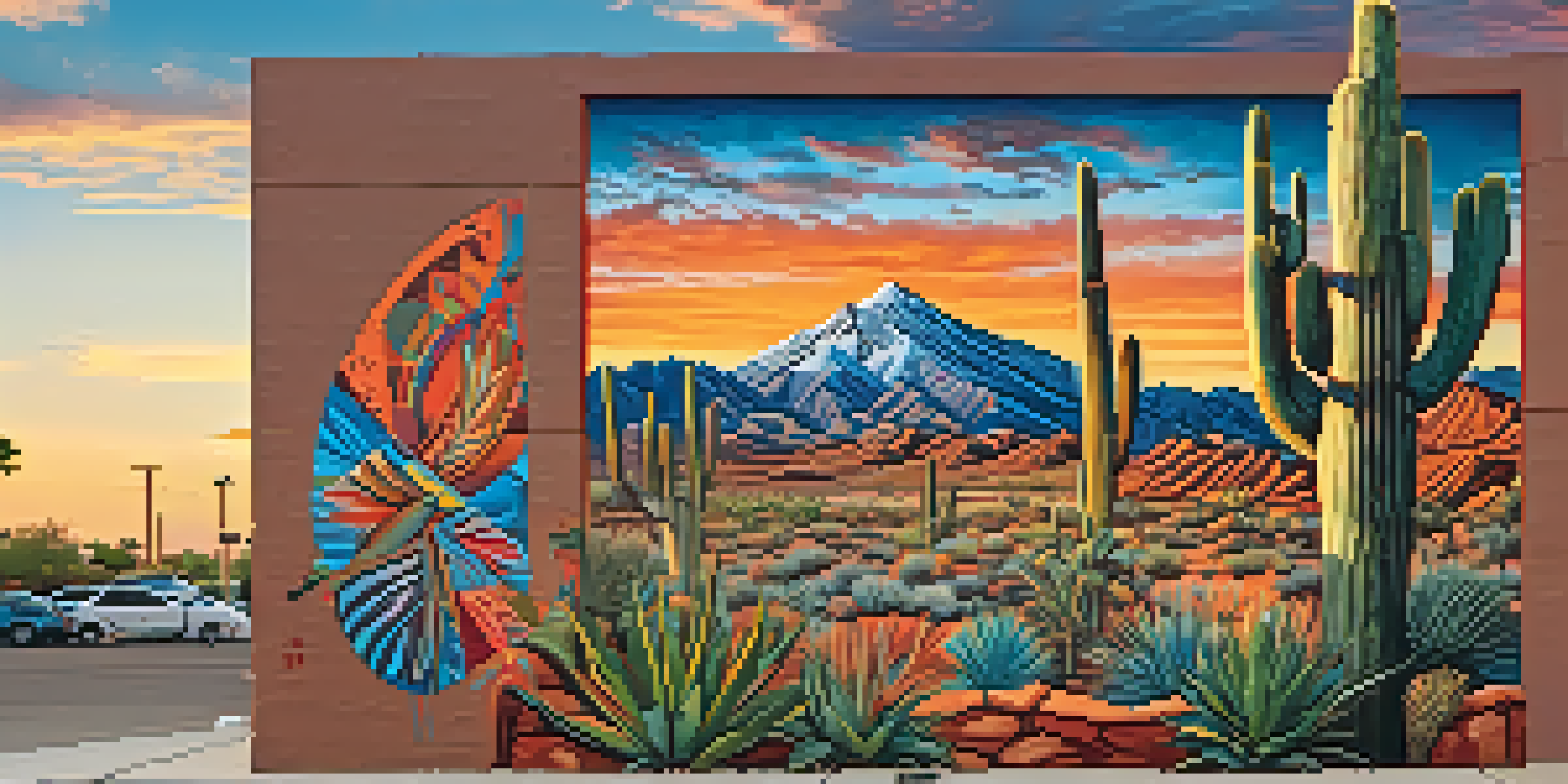 A colorful mural in Tucson that combines Native American and Hispanic art styles, depicting wildlife and set against a sunset, with people observing.