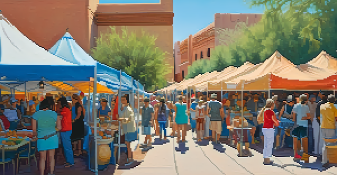 A lively art festival in Tucson featuring colorful tents and local artists, with people enjoying food and live music under a clear blue sky.