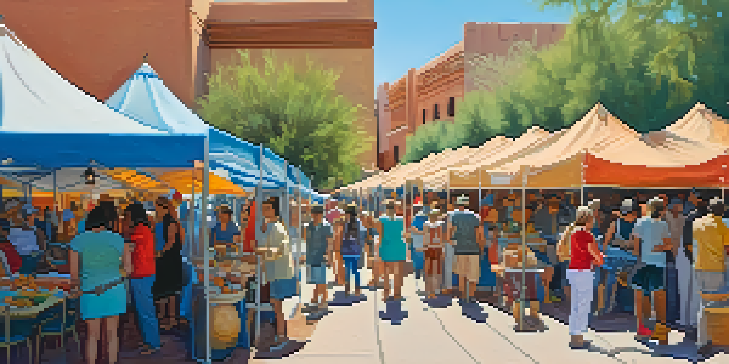 A lively art festival in Tucson featuring colorful tents and local artists, with people enjoying food and live music under a clear blue sky.