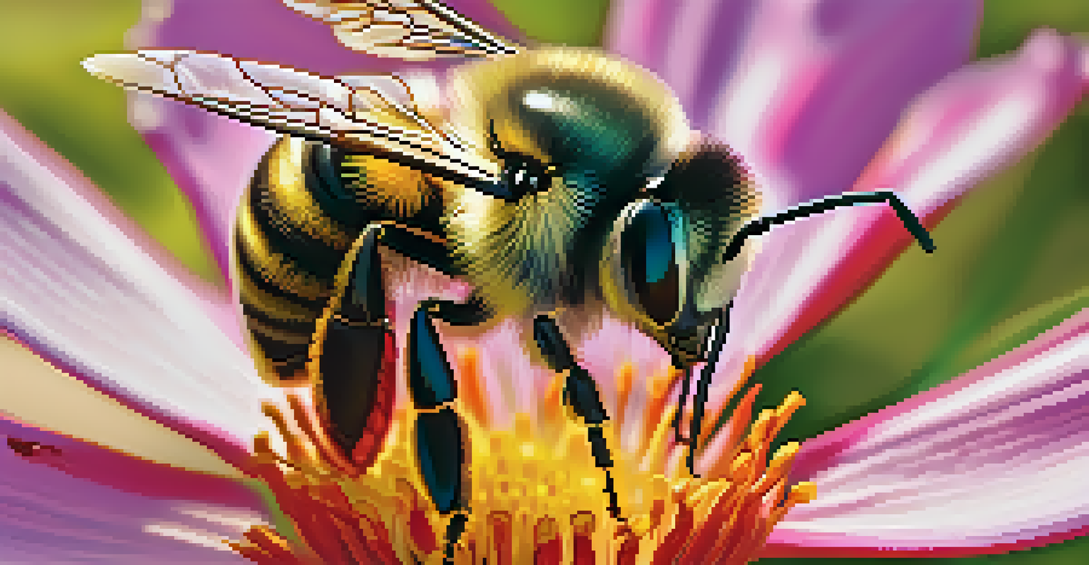 A close-up of a bee on a colorful desert flower, emphasizing the importance of pollinators in Tucson's ecosystem.