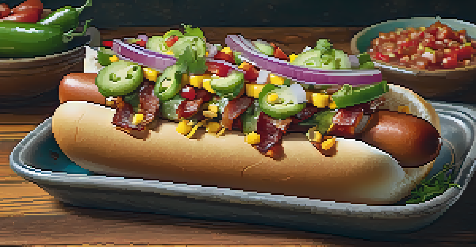 A plate of Sonoran-style hot dogs wrapped in bacon with fresh toppings, served with salsa and roasted corn on a rustic wooden table.