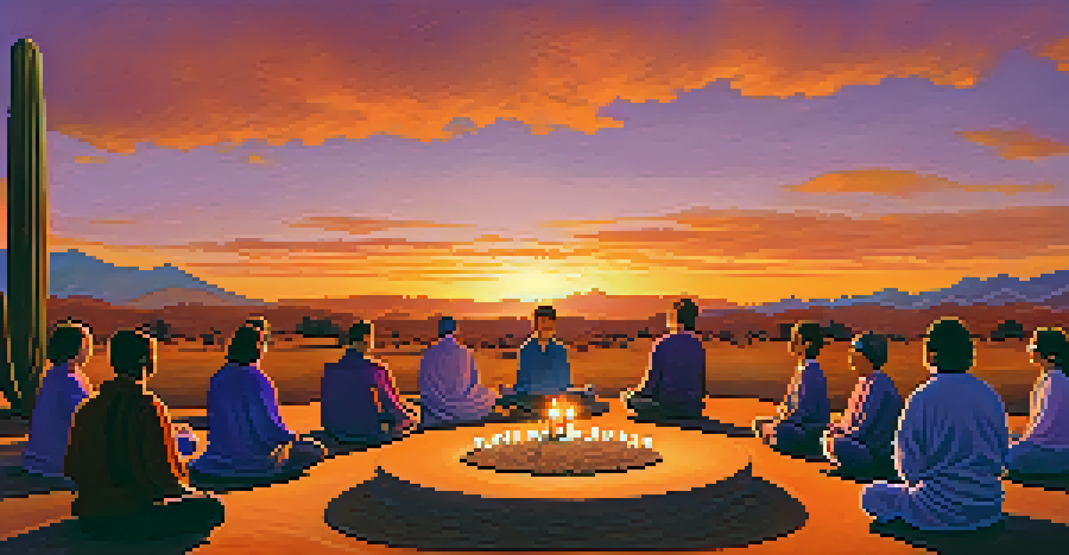 Participants meditating in a circle during a serene outdoor spiritual event at sunset, with a beautiful sky in the background.