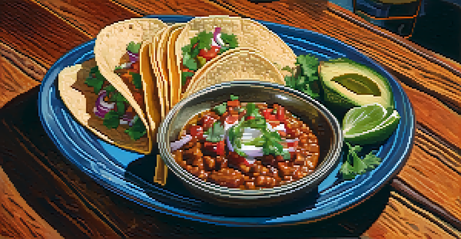 A plate of street tacos with fresh toppings, served in a rustic restaurant setting, showcasing the vibrant colors of the dish.