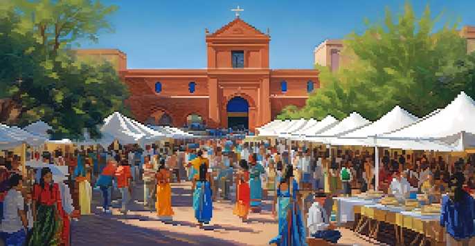 A lively cultural festival at the University of Arizona with students dancing and various artisan booths set up outdoors.