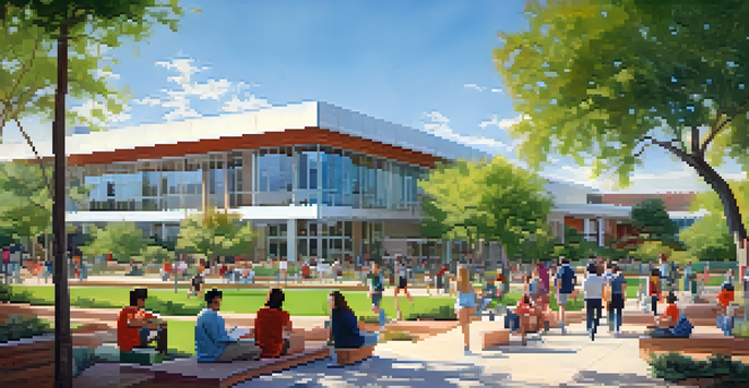 A lively university campus scene with students studying and collaborating in a green outdoor setting.