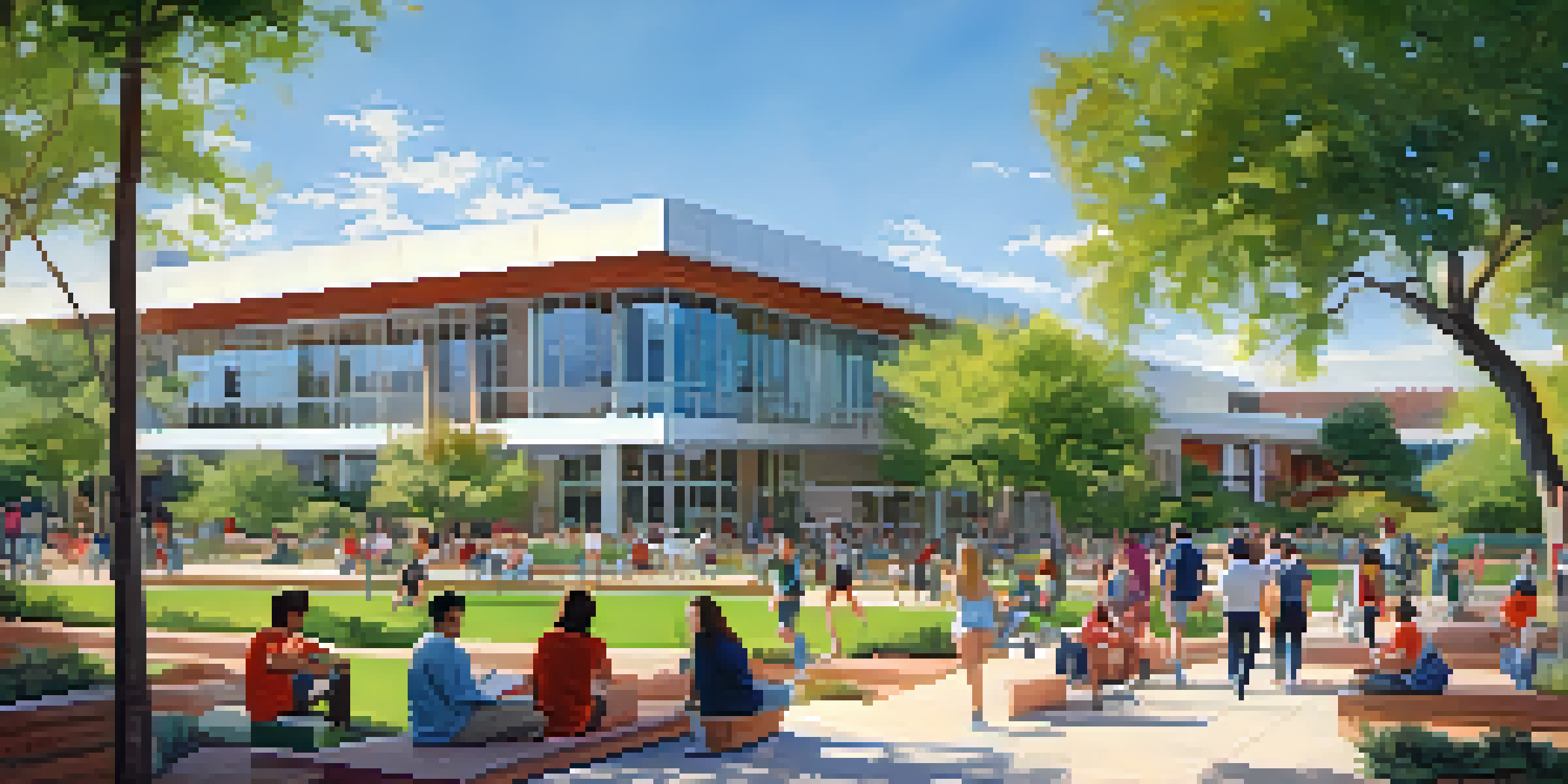 A lively university campus scene with students studying and collaborating in a green outdoor setting.