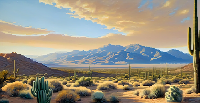 A panoramic view of Tucson's desert landscape featuring cacti and mountains under a blue sky with the sun casting golden light.