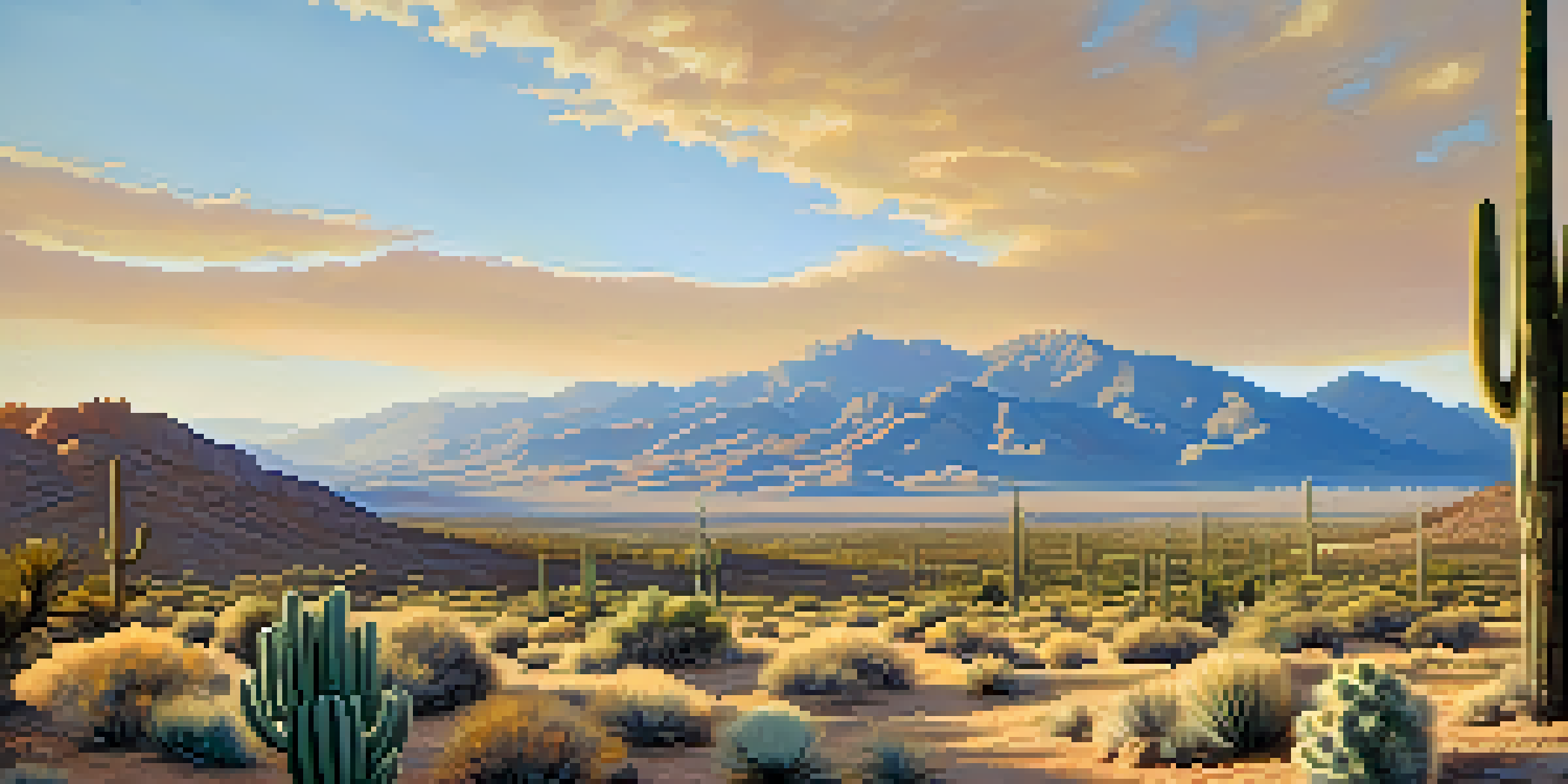 A panoramic view of Tucson's desert landscape featuring cacti and mountains under a blue sky with the sun casting golden light.