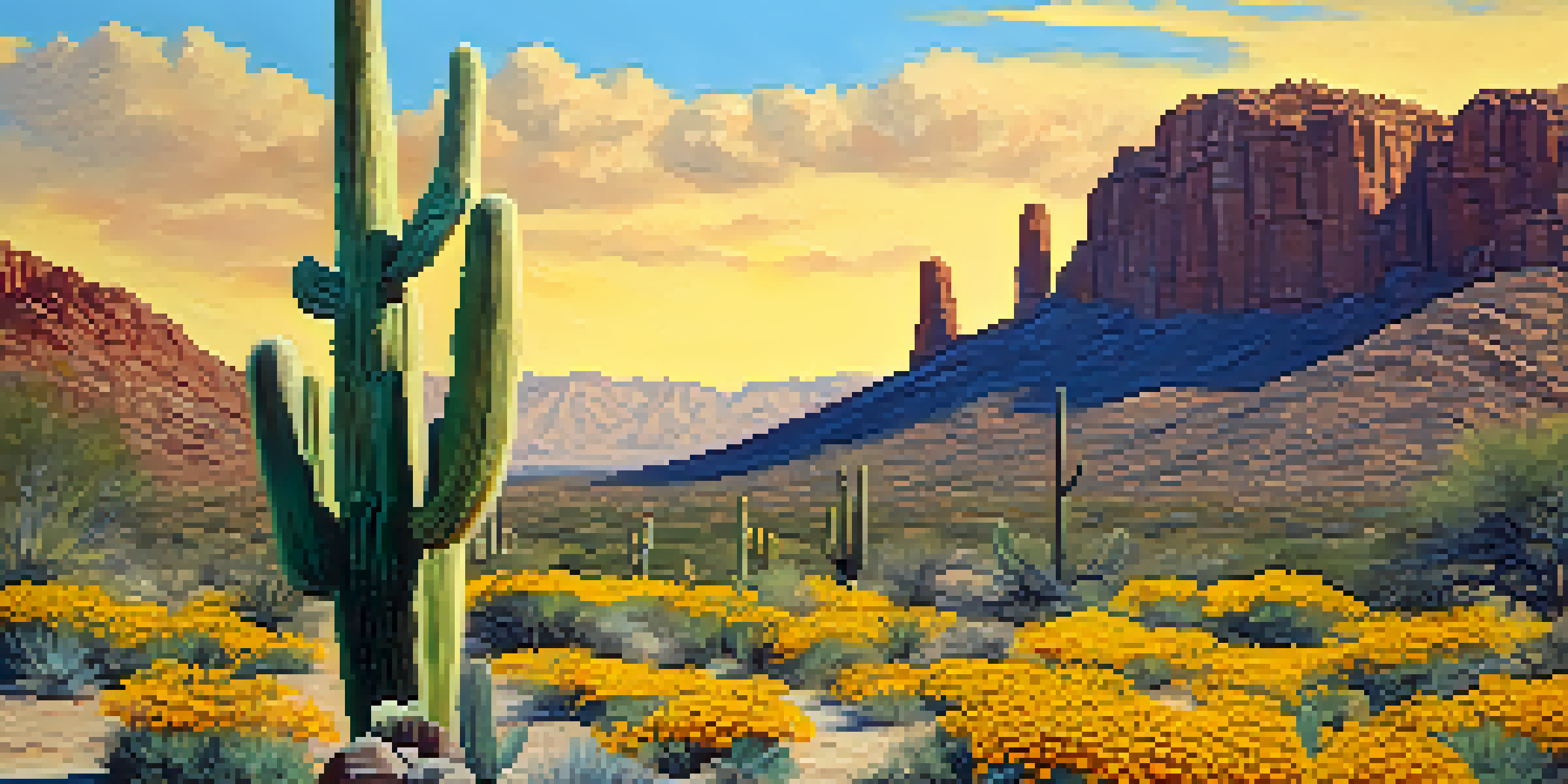 A tall saguaro cactus surrounded by bright yellow desert marigolds under a clear blue sky in a vibrant desert landscape.