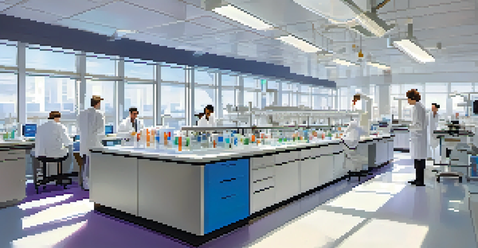 A lively research lab with scientists in white coats collaborating on genomics, surrounded by advanced equipment and colorful models under bright natural light.