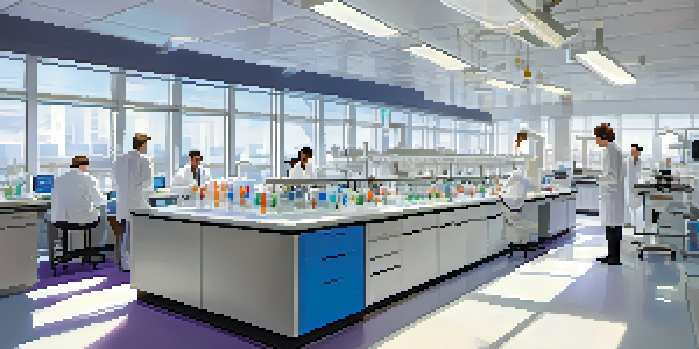 A lively research lab with scientists in white coats collaborating on genomics, surrounded by advanced equipment and colorful models under bright natural light.