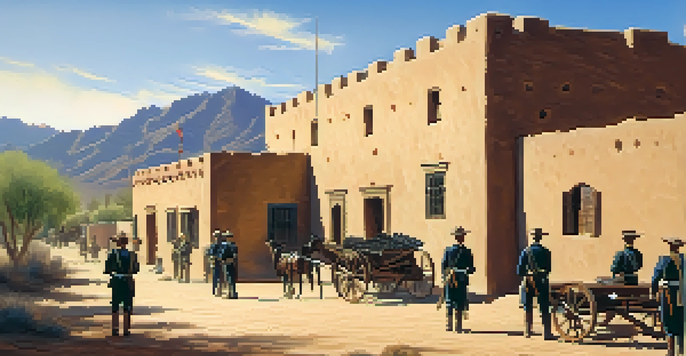 A historic depiction of Fort Lowell with soldiers and adobe buildings in the desert.