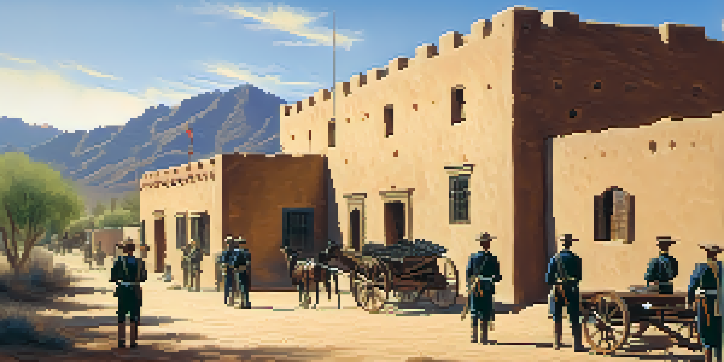 A historic depiction of Fort Lowell with soldiers and adobe buildings in the desert.