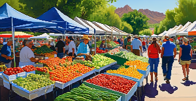 A bustling farmers' market in Tucson featuring colorful stalls with fresh vegetables and fruits, and local farmers interacting with shoppers in a sunny environment.