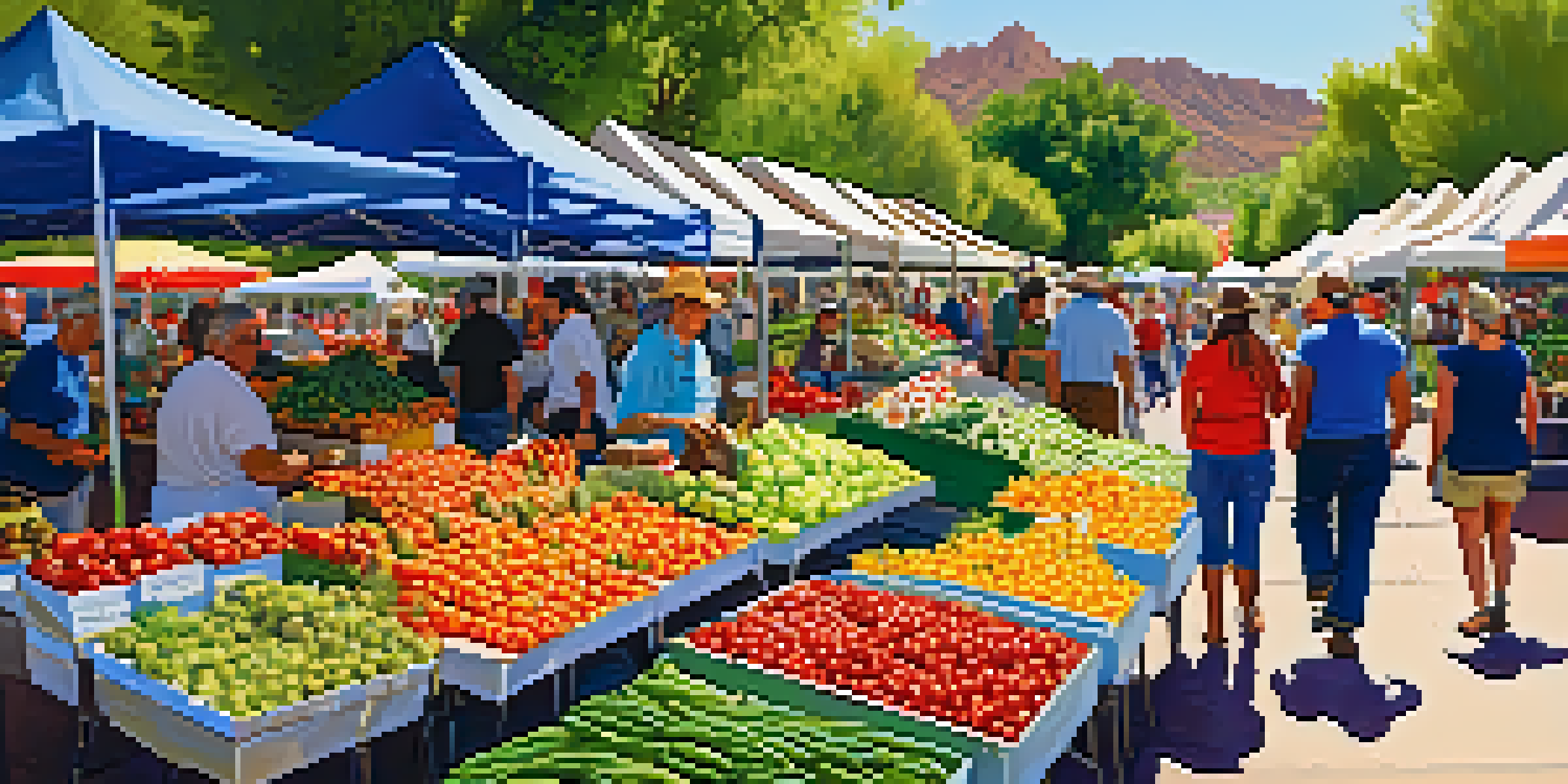 A bustling farmers' market in Tucson featuring colorful stalls with fresh vegetables and fruits, and local farmers interacting with shoppers in a sunny environment.