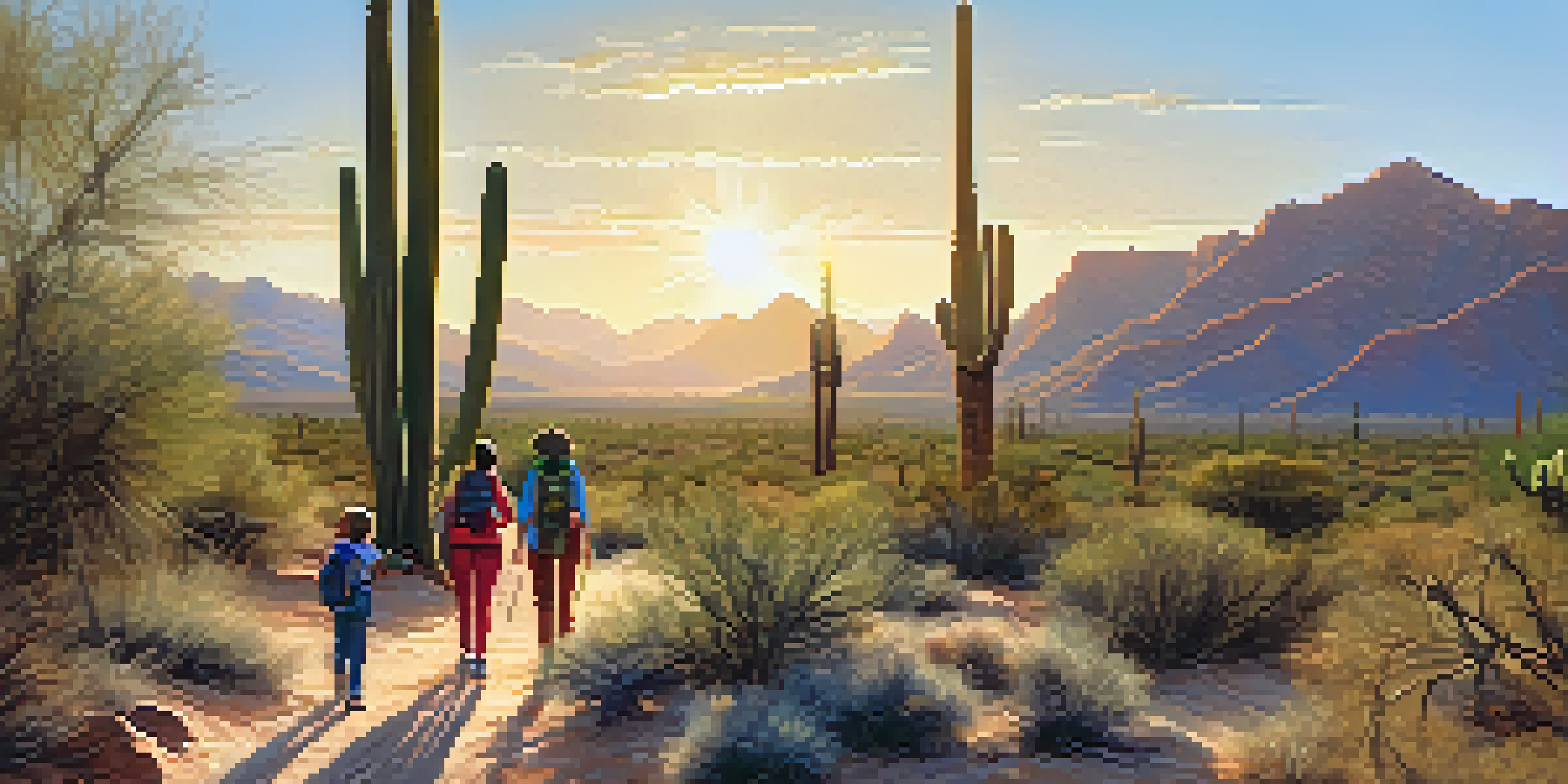 A family hiking in Saguaro National Park, surrounded by cacti and a clear blue sky.